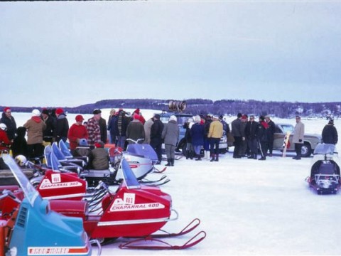 Snowmobiles lined up to race in Egg Harbor in 1960s.